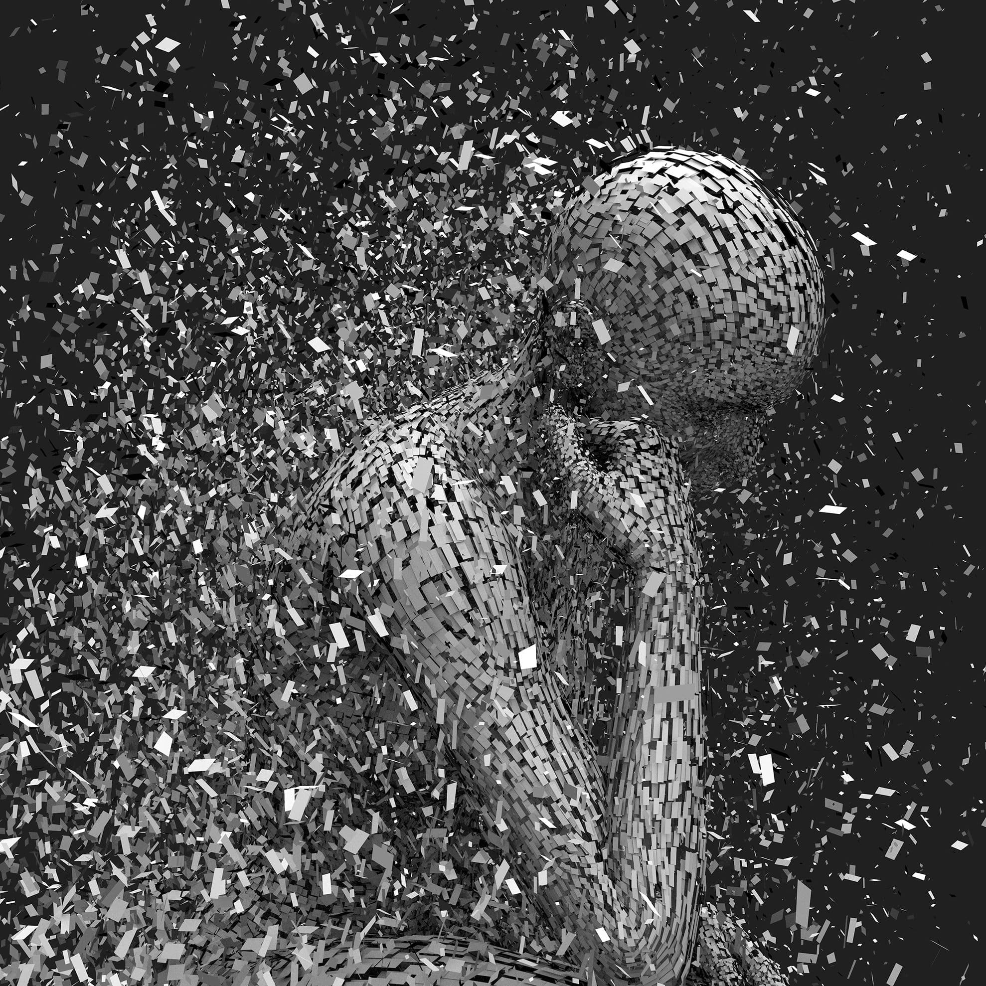 A digital art depiction of a human figure in a thinking pose, composed of numerous small, metallic-looking square fragments. The figure appears to be disintegrating or forming, with fragments dispersing into the dark background. A digital art depiction of a human figure in a thinking pose, composed of numerous small, metallic-looking square fragments. The figure appears to be disintegrating or forming, with fragments dispersing into the dark background.