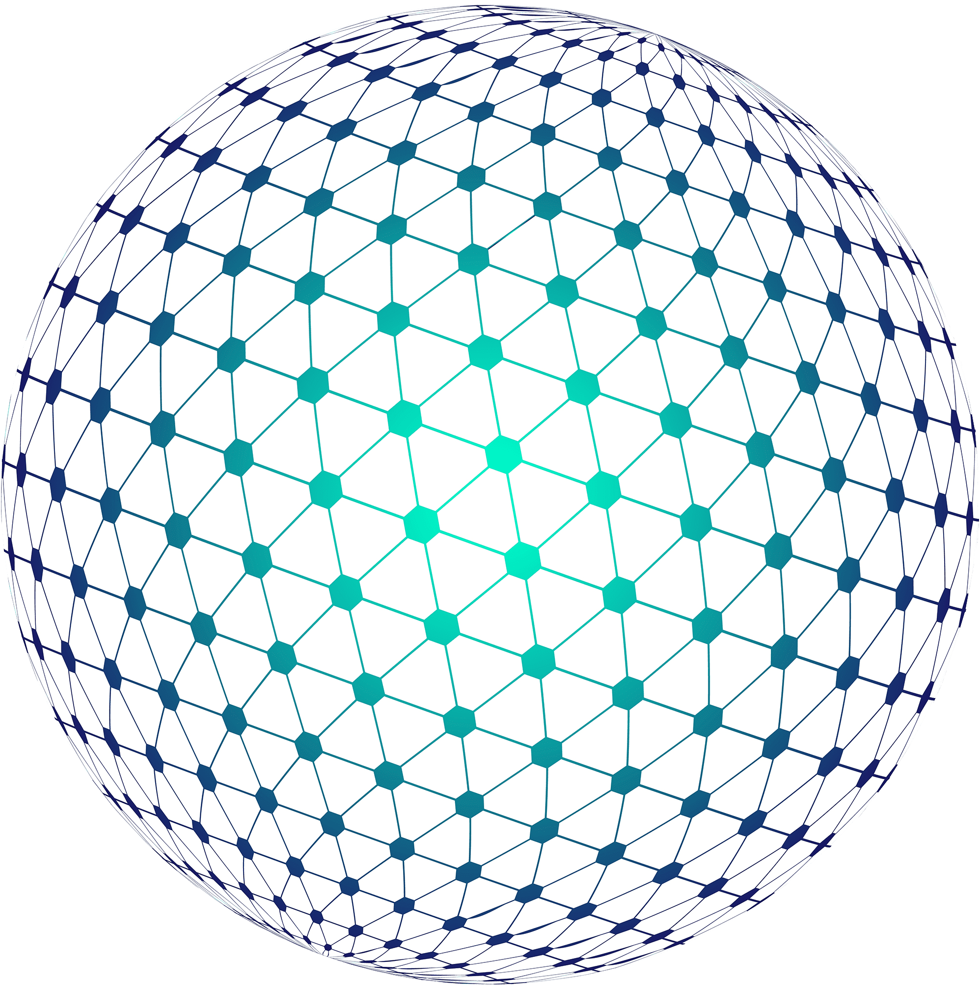 A 3D spherical mesh structure composed of interconnected hexagonal and pentagonal patterns, featuring a gradient that transitions from dark blue on the outer edges to bright turquoise in the center. The white background enhances the geometric design. A 3D spherical mesh structure composed of interconnected hexagonal and pentagonal patterns, featuring a gradient that transitions from dark blue on the outer edges to bright turquoise in the center. The white background enhances the geometric design.
