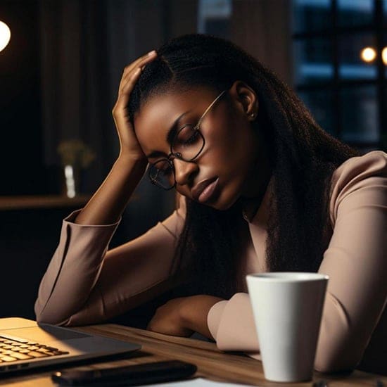 A tired woman with glasses sits at a desk, resting her head on her hand. She appears exhausted and has a closed laptop, smartphone, and white mug in front of her. The background is dimly lit with a warm glow from a nearby light source. A tired woman with glasses sits at a desk, resting her head on her hand. She appears exhausted and has a closed laptop, smartphone, and white mug in front of her. The background is dimly lit with a warm glow from a nearby light source.