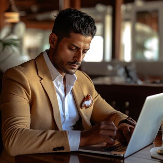 A man with short, dark hair sits at a table in a well-lit room, typing on a laptop. He is wearing a light brown blazer over a white shirt and has a pocket square tucked into his blazer pocket. The background shows a blurred out interior with wooden decor. A man with short, dark hair sits at a table in a well-lit room, typing on a laptop. He is wearing a light brown blazer over a white shirt and has a pocket square tucked into his blazer pocket. The background shows a blurred out interior with wooden decor.