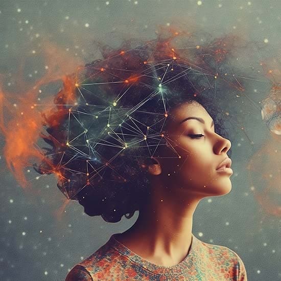 A woman with closed eyes is shown with an abstract, colorful blend of digital and cosmic elements emanating from her hair. Bright lines and nodes suggest a neural network or galaxy, creating a fusion of technology and space around her head. A woman with closed eyes is shown with an abstract, colorful blend of digital and cosmic elements emanating from her hair. Bright lines and nodes suggest a neural network or galaxy, creating a fusion of technology and space around her head.