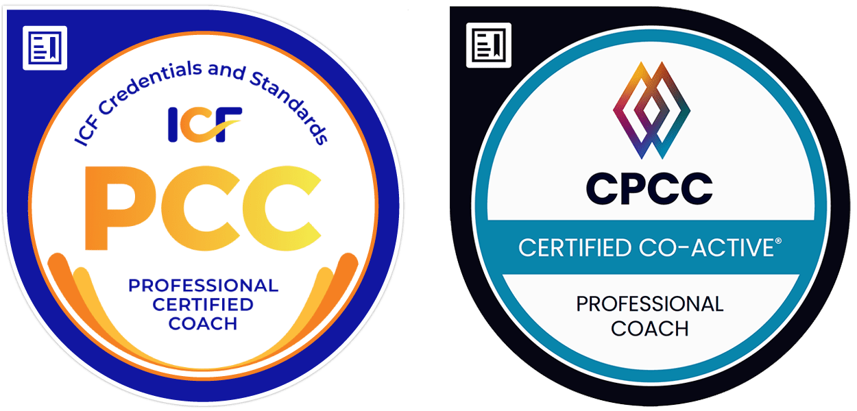 Two certification badges side by side. The left badge features “ICF PCC Professional Certified Coach” with a blue, orange, and yellow design. The right badge shows “CPCC Certified Co-Active Professional Coach” with a multicolored geometric logo. Two certification badges side by side. The left badge features "ICF PCC Professional Certified Coach" with a blue, orange, and yellow design. The right badge shows "CPCC Certified Co-Active Professional Coach" with a multicolored geometric logo.
