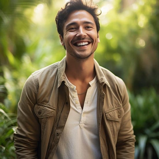 A young man with dark hair and a beard smiles broadly while standing outdoors. He is wearing a beige jacket over a white shirt. The background is filled with lush, green foliage, giving the scene a natural, sunny ambiance.