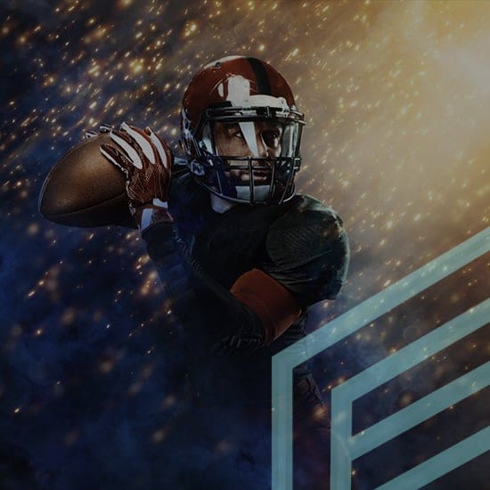 A football player in full gear, including a helmet and shoulder pads, is seen mid-action holding a football and ready to throw. The background is dramatic with a mix of dark blue and golden hues, with a streak of light adding a dynamic effect.