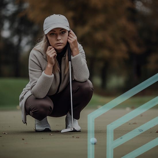 A person wearing a beige jacket, brown pants, and a light-colored cap is crouching on a golf course, holding a golf club and looking intently ahead. The background features blurred trees and a golf ball is visible on the green in front of them.