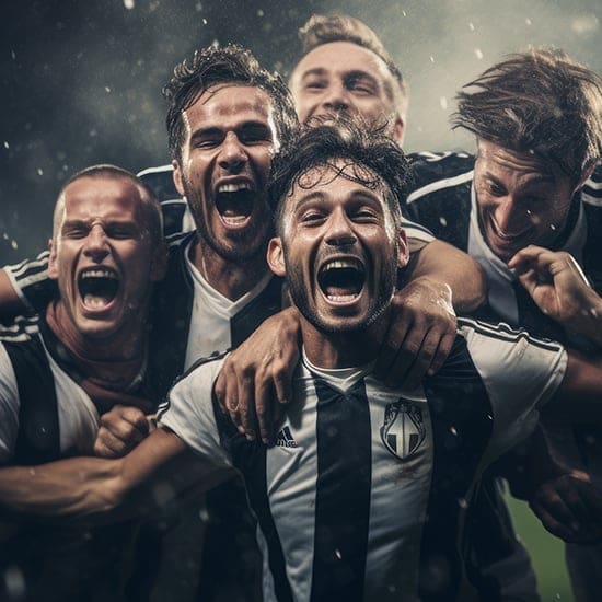 A group of five male soccer players wearing black and white striped jerseys celebrate passionately on a rain-soaked field, their faces beaming with joy and excitement. The background is blurred, enhancing the focus on their ecstatic expressions.