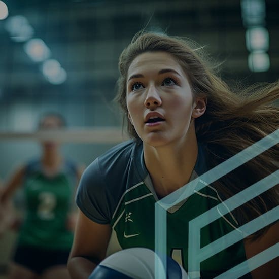 A female volleyball player in a blue and white uniform prepares to serve the ball, with a look of concentration. Another player is visible in the background. The setting appears to be an indoor gymnasium with a net and blurred lights.