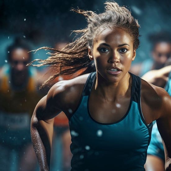 A focused woman with long braided hair runs intensely in the foreground of a race. She is wearing a dark athletic tank top. Other runners are visible but blurred in the background, highlighting the motion and competitive atmosphere.