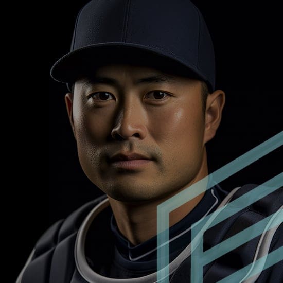 A baseball player wearing a dark navy cap and uniform gazes intently at the camera. The background is dark, with a geometric design partially overlaying the lower right corner.