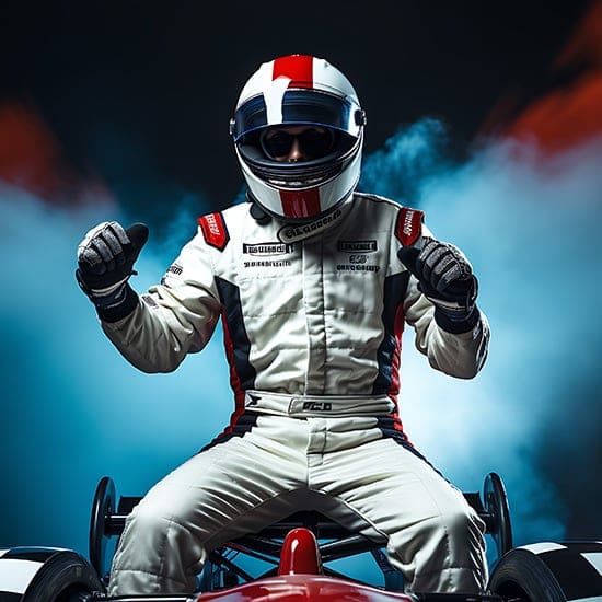 A race car driver in a white and red suit, wearing a helmet with a visor, sits in a race car with arms raised in victory. Blue and red smoke surrounds the scene, creating a dramatic effect.