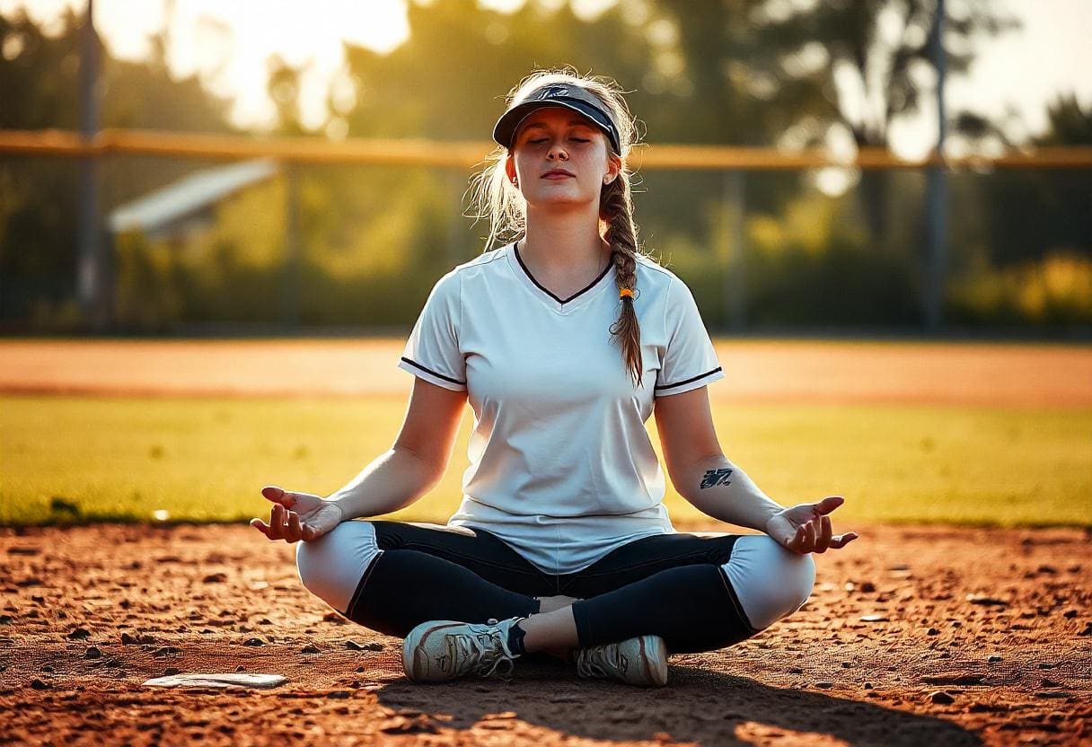 A woman in a white sports uniform and cap sits cross-legged on a baseball field, meditating with her eyes closed to boost her focus as she rests her hands on her knees. The sun is setting in the background, casting a golden glow over the scene—a serene moment in the mental game of softball.