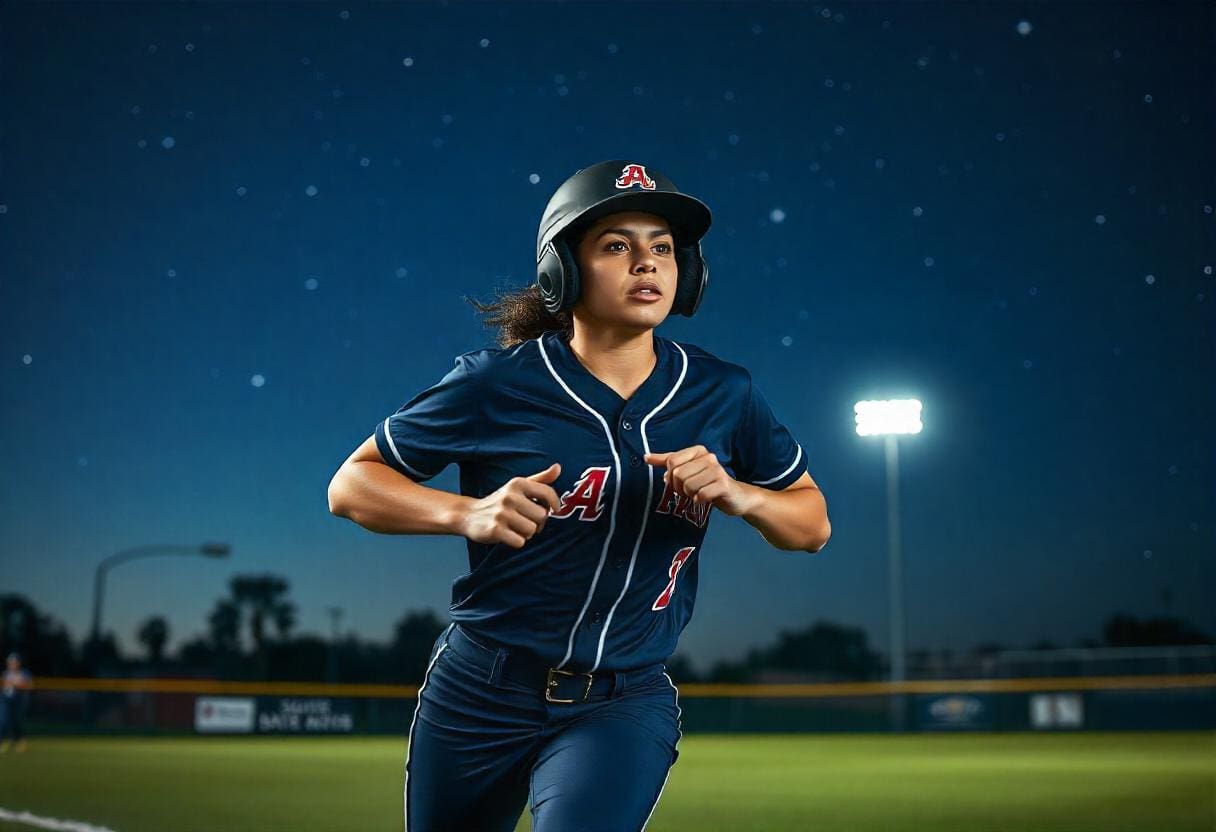 A female baseball player wearing a dark blue uniform and black helmet runs under the night sky on an illuminated baseball field. She looks intensely focused, with her eyes ahead and arms pumping at her sides, as if boosting focus through the mental game of softball. The background shows stadium lights, a fence, and a teammate in the distance.