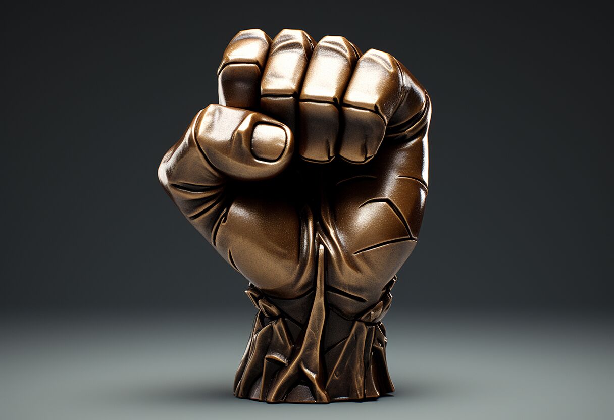 A bronze sculpture of a clenched fist, embodying the power of conflict, showcases detailed textures and realistic shadows against a dark grey background. The sculpture’s base appears to merge seamlessly with the surface it's resting on.