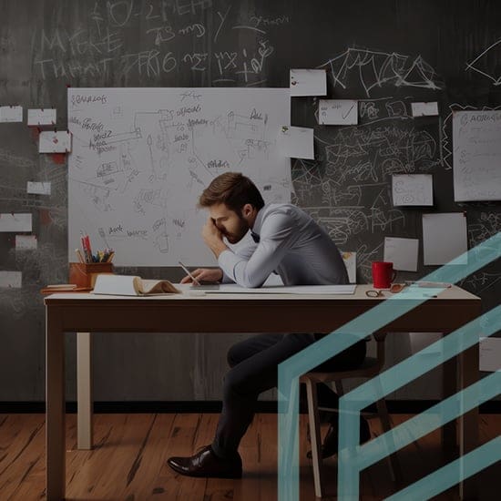 A man sits at a desk heavily concentrating on his work, surrounded by whiteboards and sticky notes filled with scribbles and diagrams. The environment is a modern workspace, with a chalkboard wall covered in notes and sketches, suggesting a brainstorming session.