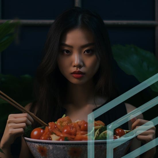 A woman with long dark hair holds a bowl of salad with chopsticks, gazing intently at the camera. The background is dark, with some green leaves visible, adding a natural element to the setting. The image has a modern and slightly dramatic ambiance.