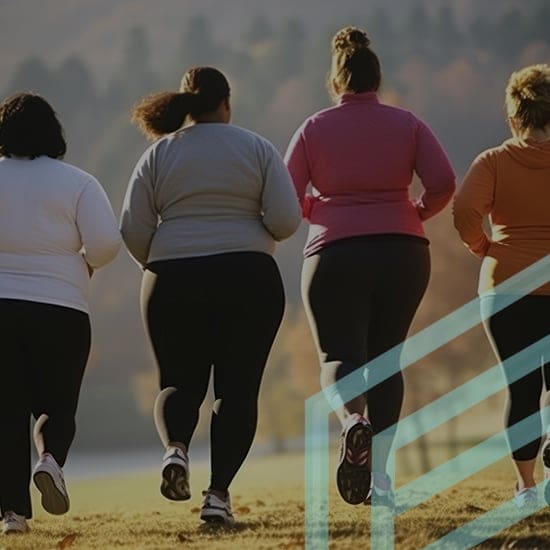 Four individuals are jogging together outdoors, dressed in sportswear. The background features a scenic autumn landscape with trees showing fall colors and a body of water. Their backs are turned to the camera, highlighting their movement and togetherness.