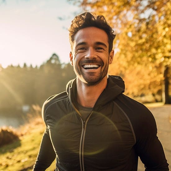 A man wearing a black hoodie smiles broadly while jogging outdoors on a sunny day. Autumn trees with golden leaves and a serene lake can be seen in the background, creating a warm and picturesque scene.