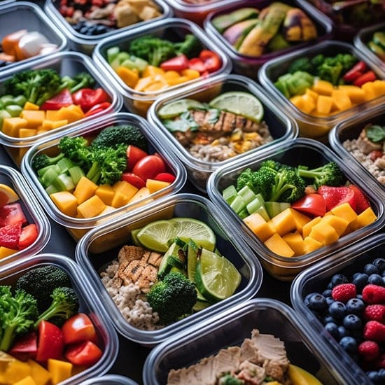 An assortment of meal prep containers filled with colorful, healthy foods such as broccoli, diced mango, cherry tomatoes, fresh vegetables, lime wedges, blueberries, grilled chicken, and rice, all neatly arranged on a surface.