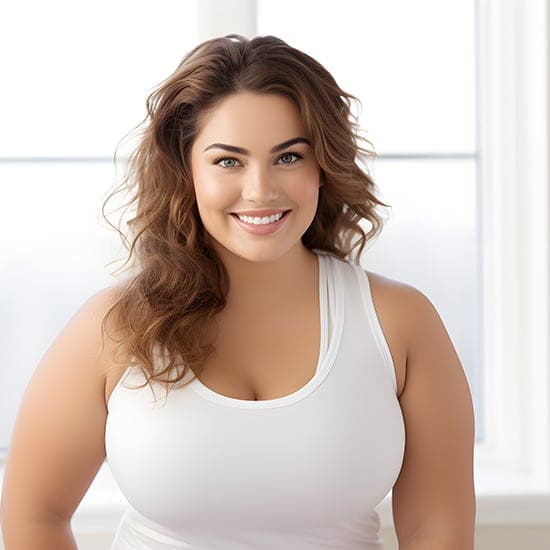 A woman with long wavy brown hair smiles at the camera. She is wearing a white sleeveless top and standing indoors in front of a bright window, giving a warm and positive vibe.