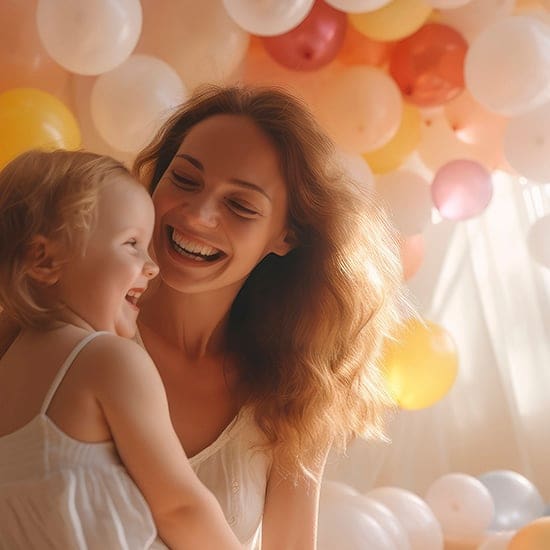 A woman with long wavy hair smiles joyfully while holding a laughing toddler in her arms. They are surrounded by a festive backdrop of colorful balloons in various shades, including yellow, white, and pink. The scene is filled with warm, soft light.