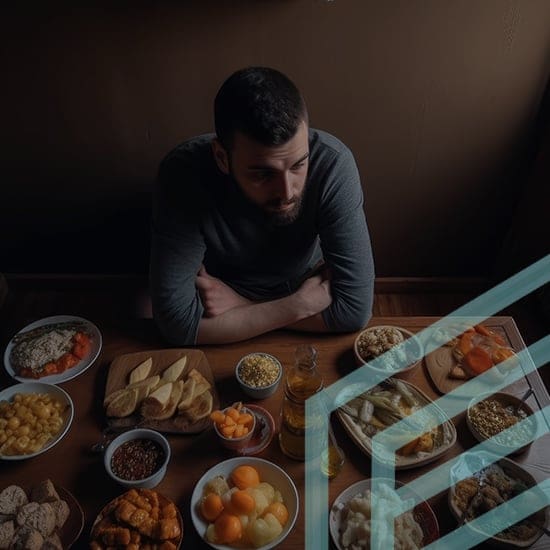 A man with a beard and short hair sits at a wooden table filled with various dishes, including bread, sliced fruits, and bowls of grains and vegetables. He appears to be seated alone in a dimly lit room, looking contemplatively ahead.