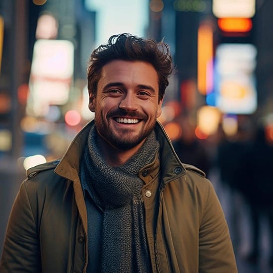 A man with a beard and mustache smiles at the camera in an urban evening setting. He is wearing a coat and scarf, with blurred city lights and billboards in the background.