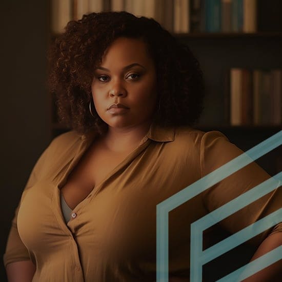 A woman with curly hair looks confidently at the camera. She is wearing a brown button-up blouse, and bookshelves are visible in the background. Blue geometric lines partially overlay the image.