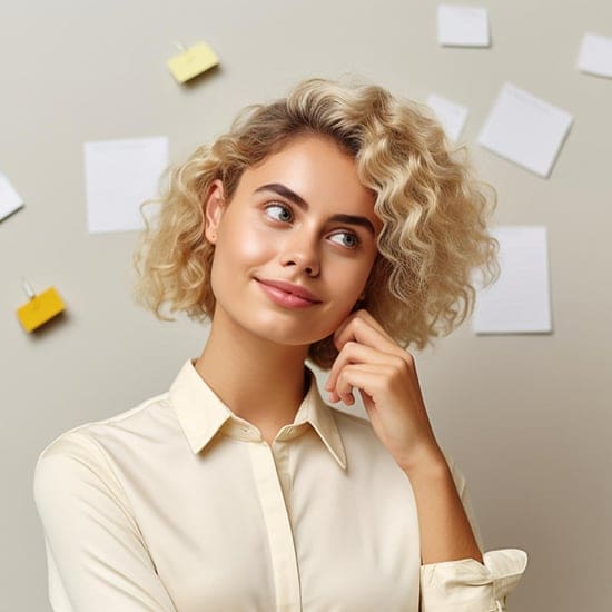 A blonde woman with short, curly hair and a light beige shirt is thoughtfully looking to the side. Behind her, a beige wall displays several white papers and yellow sticky notes, creating a casual, creative atmosphere.