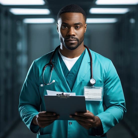 A doctor in teal scrubs stands in a well-lit hallway, holding a clipboard and looking directly at the camera. He has a stethoscope draped around his neck, and an ID badge is visible on his chest pocket.