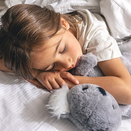 A young child with long hair sleeps peacefully in bed, hugging a gray koala stuffed animal. The child is covered with a white blanket, and morning light gently illuminates the scene.