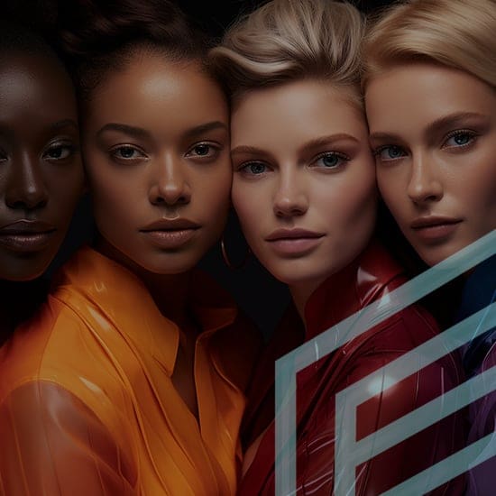 Four women of diverse backgrounds pose closely together for a portrait, with serious and confident expressions. They wear colorful, stylish attire in shades of orange, red, and black. A geometric design partially overlays the right side of the image.