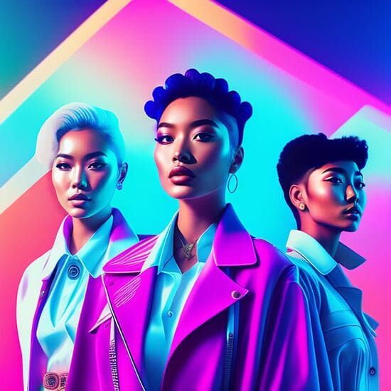 A vibrant digital artwork featuring three stylish individuals with unique hairstyles and futuristic fashion. They each wear colorful jackets in shades of purple, pink, and blue. The background is a gradient of neon colors and geometric shapes, creating a dynamic visual effect.