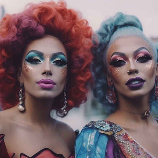 Two individuals with elaborate makeup and bold outfits stand closely together. The person on the left has red curly hair, blue eye makeup, and pink lipstick. The person on the right has blue curly hair, pink eye makeup, and purple lipstick. Both wear statement earrings.
