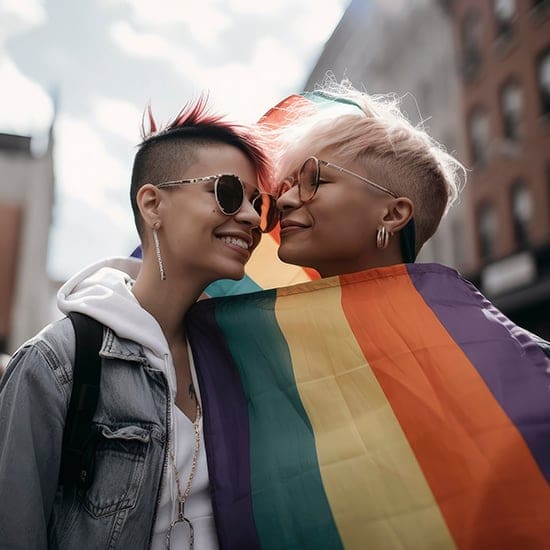 Two people with short, stylish haircuts and sunglasses smile warmly at each other while wrapped together in a rainbow flag. They stand outdoors on a sunny day, with buildings in the background.