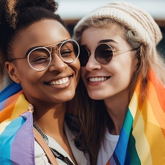 Two people are close together, smiling at the camera while wrapped in a rainbow flag. The person on the left has glasses and a natural hairstyle, and the person on the right is wearing a beanie and sunglasses. The background is blurry, focusing on their joyful expressions.