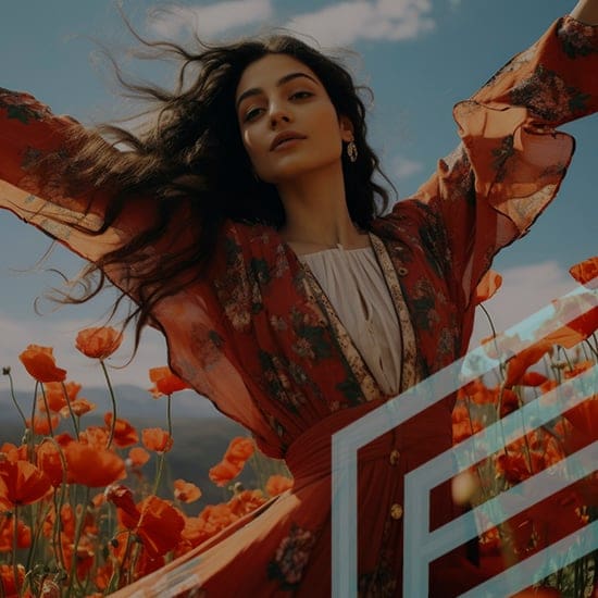A woman with long flowing hair stands with her arms outstretched in a field of vibrant orange poppies. She is wearing a red, floral-patterned dress that flows in the breeze. The sky above is clear with soft clouds, and there is a geometric design partially overlaying the image.