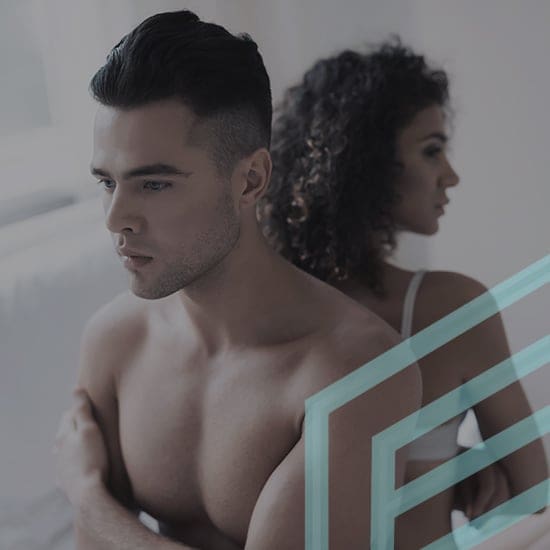 A shirtless man with short dark hair and serious expression sits with his arms crossed in the foreground. A woman with curly hair wearing a white top sits behind him, turned away, both appearing thoughtful. Soft lighting and geometric shapes overlay the image.